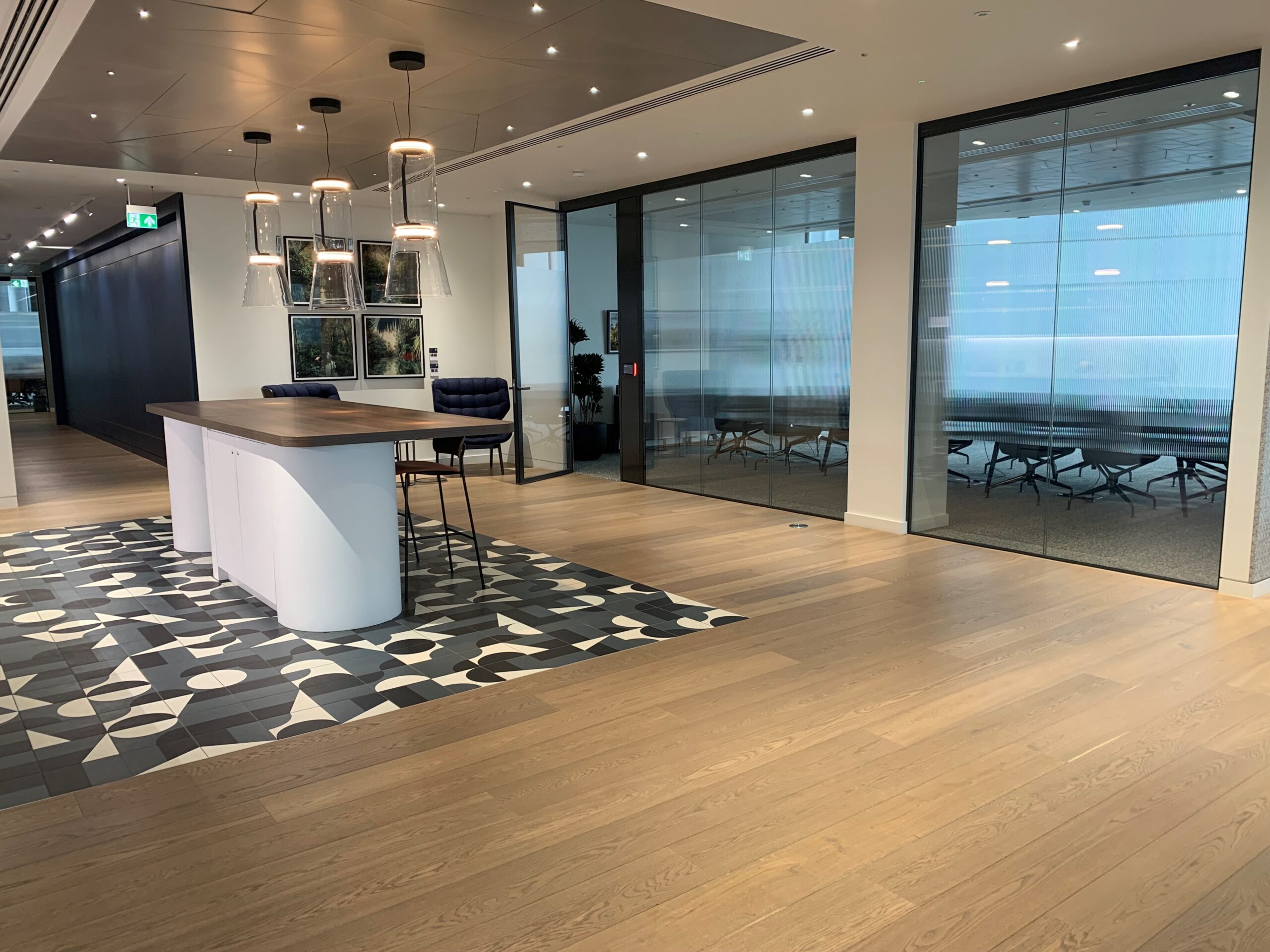 Breakout space timber after being cleaned, oiled and buffed - Loughton Contracts