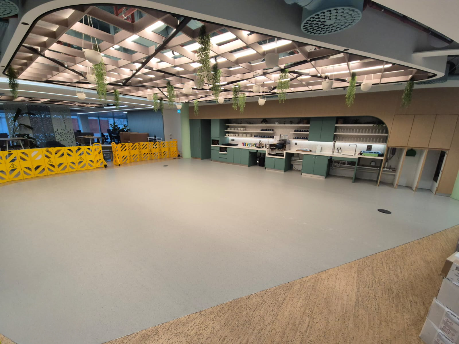 Nora Unita flooring installed in refurbished tea point area following weekend works - Loughton Direct